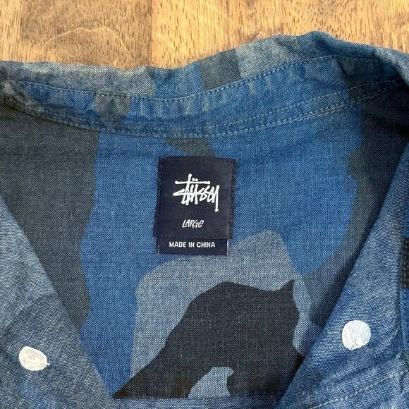 Stussy VTG Casual Button Front Shirt Blue Camouflage Long Sleeve Mens Size Large - Picture 5 of 11